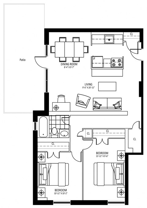 Floor plan for 2 beds, 1 bath, 909 sqft